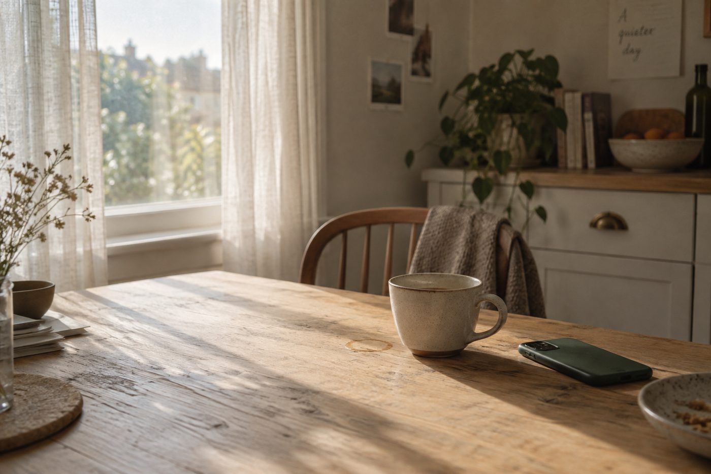 A kitchen table in morning light.