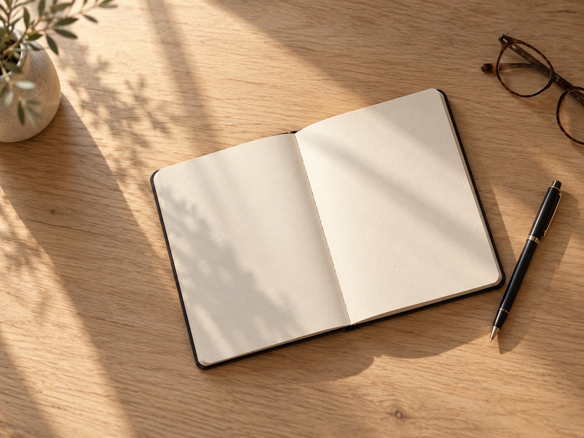 An open blank notebook, a pen and reading glasses on an oak table in morning light.