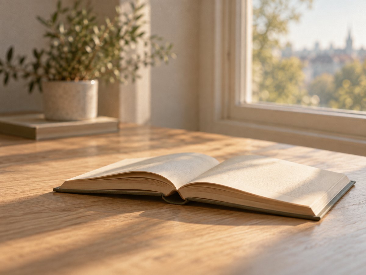 An open hardback book resting on an oak table beside a sunlit window.