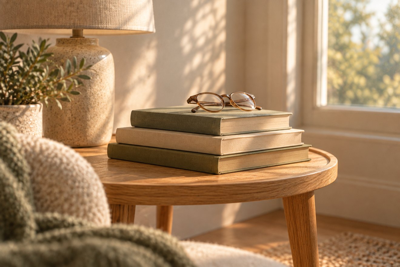 A stack of cloth-bound books and reading glasses on an oak side table.