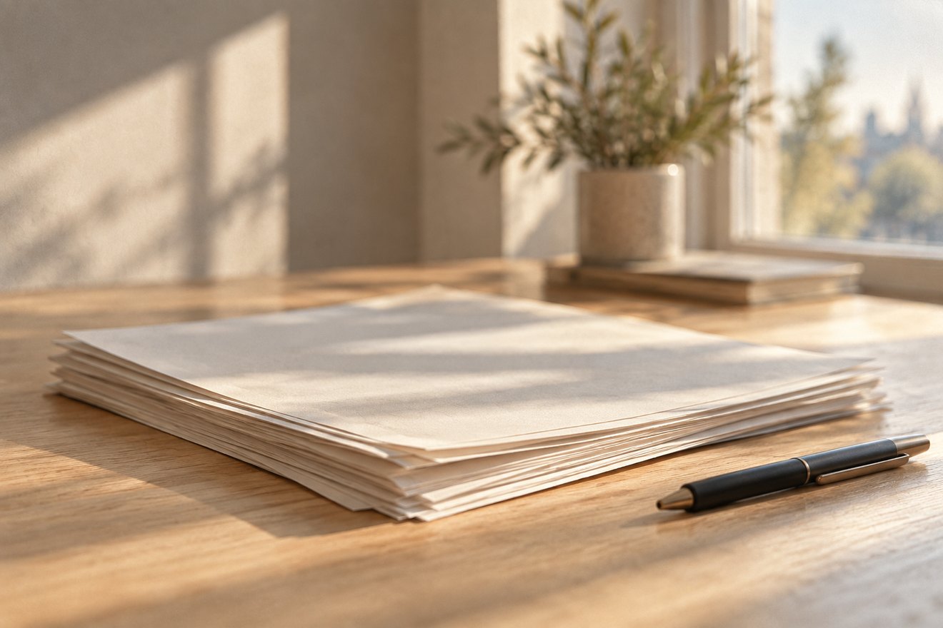 A stack of blank printed pages and a pen on a sunlit table.