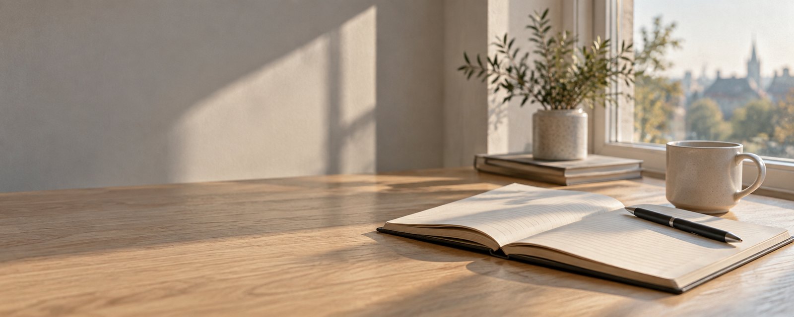 An open notebook and pen on an oak desk beside a sunlit window.
