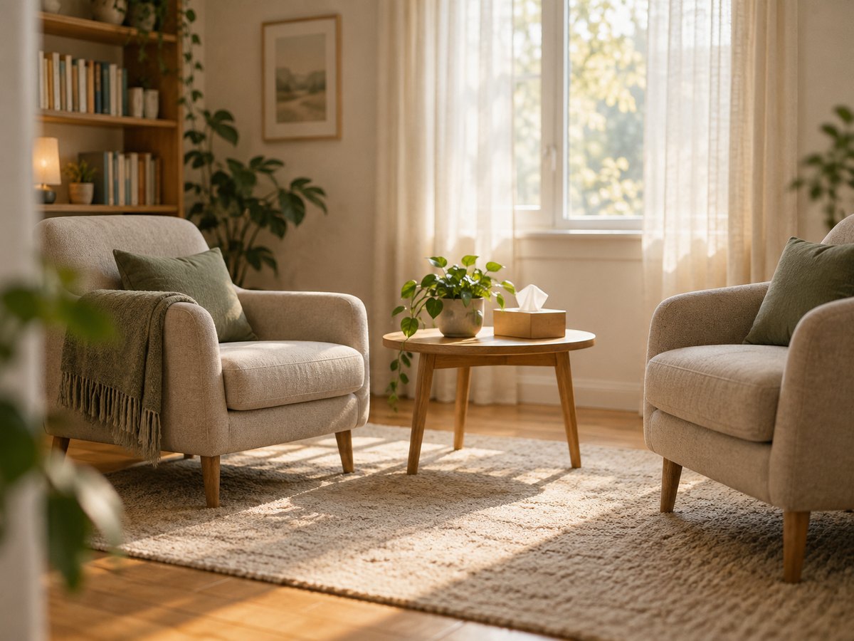 Two armchairs facing each other in a quiet consulting room, lit by a curtained window.